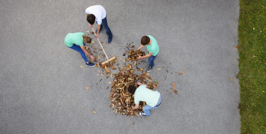 Four people raking leaves