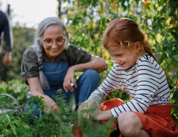 A grandmother and child in the garden together.