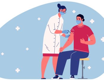 Illustration of a nurse in a white coat giving a seated person a shot in their arm.